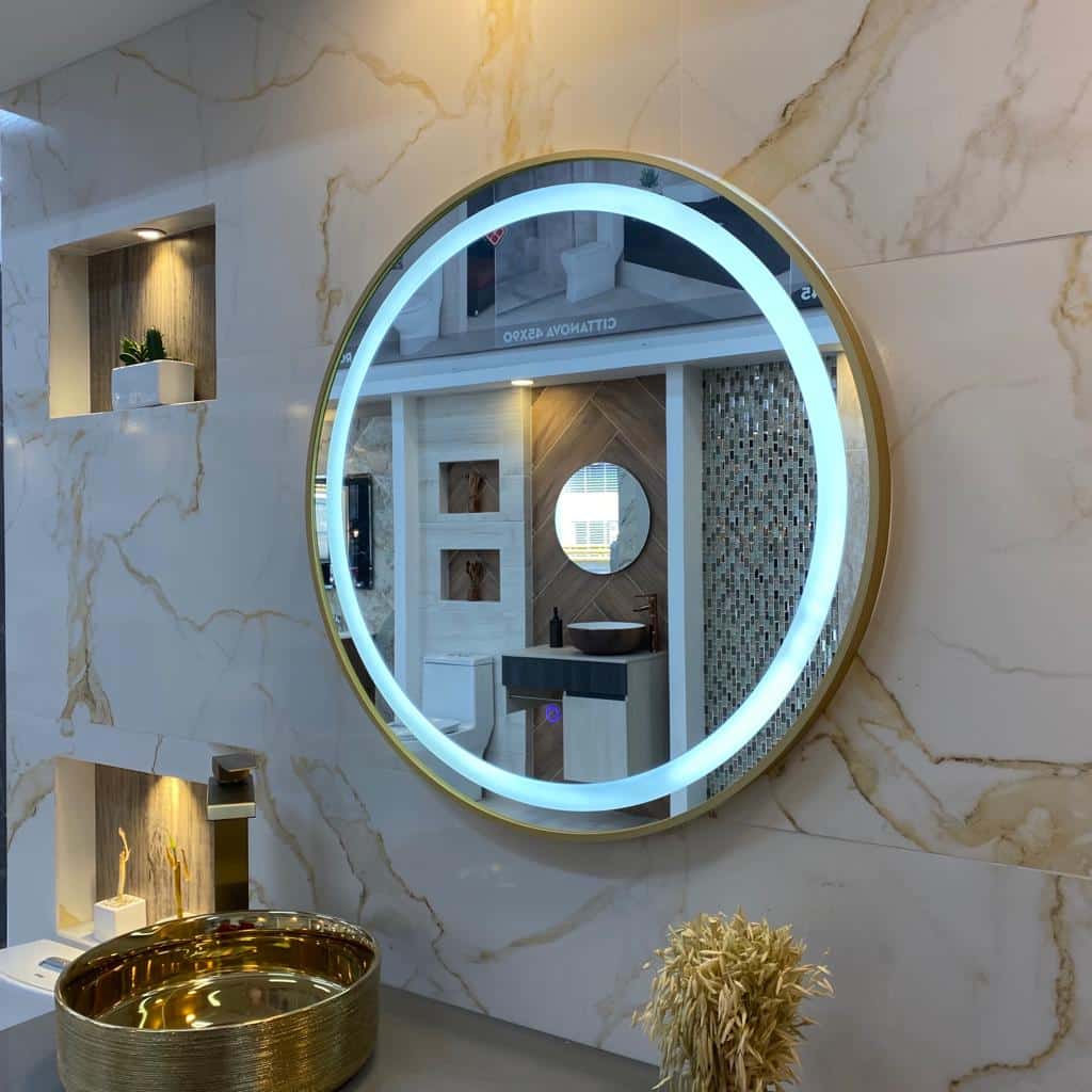Espejo de Pared Redondo Borde Oro, Espejo de Baño Redondo, 80cm - Oro